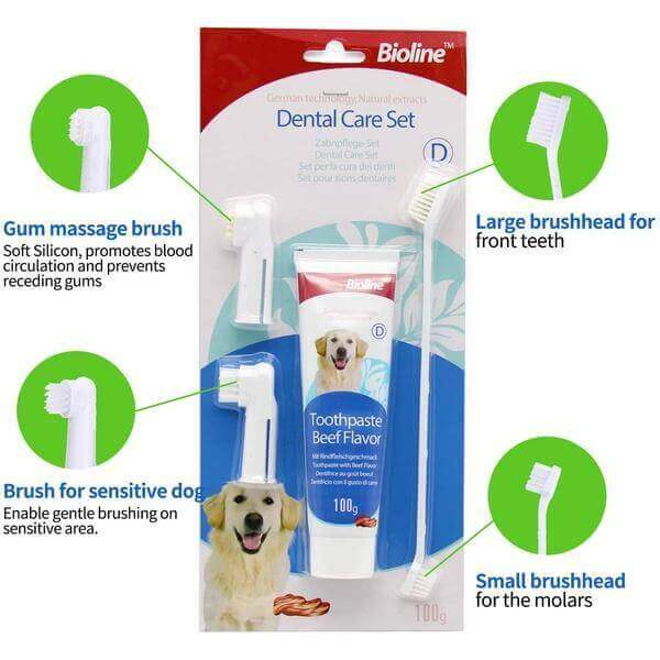 Bioline Dental Care Set for Dogs-Beed flavor, Toothpaste and 3-Set of Brushes-Groom-Whiskers Nation